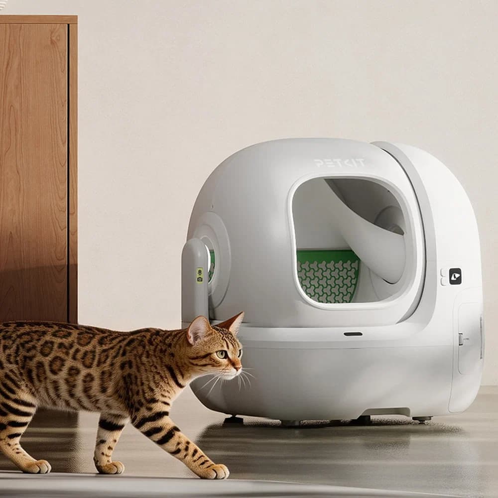 A cat walks past the Purobot Max Pro with AI Camera cat litter box.