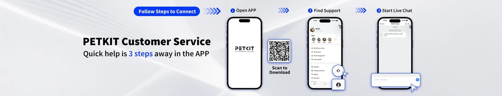PETKIT customer service guide with app icons and QR code on a white background