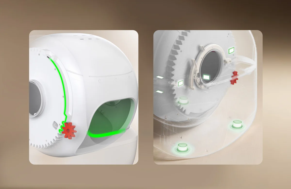 PUROBOT MAX 3 anti-pinch structural safety design with incomplete drum gear system and real-time sensors ensuring cats can safely exit at any time during operation