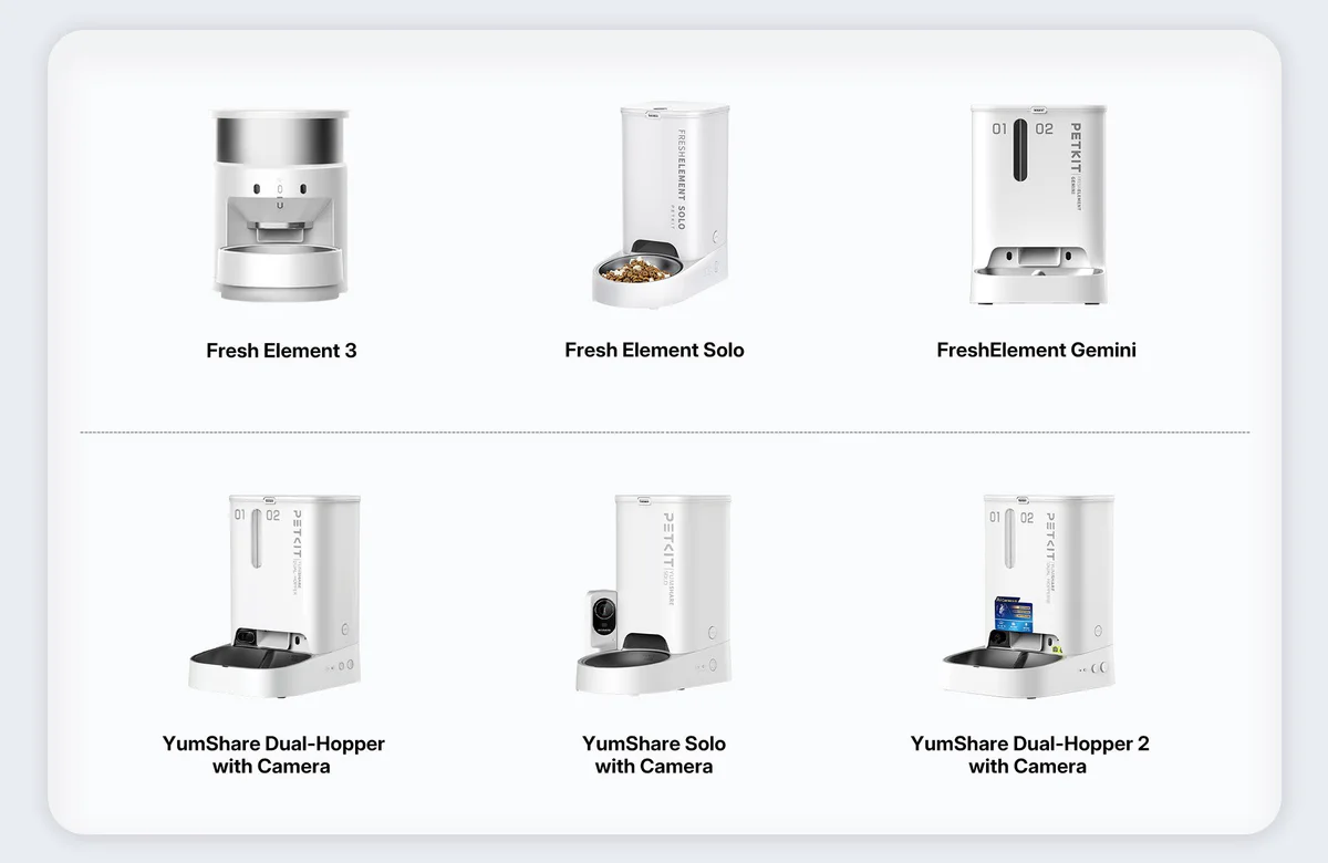 PETKIT automatic cat feeder lineup with Siri voice control including Fresh Element and YumShare series models