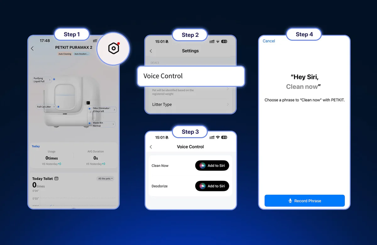 Step-by-step setup of Siri voice control for PETKIT devices in the app including Voice Control and Add to Siri