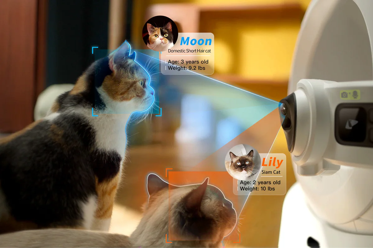 Purobot Ultra Automatic Litter Box using an AI camera to recognize multiple cats and track individual litter box usage in a multi-cat household