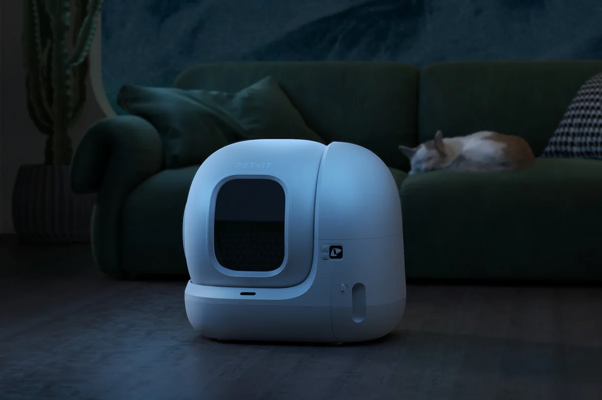 PuraMax 2 Automatic Litter Box operating quietly in a bedroom setting, suitable for light sleepers and noise-sensitive households