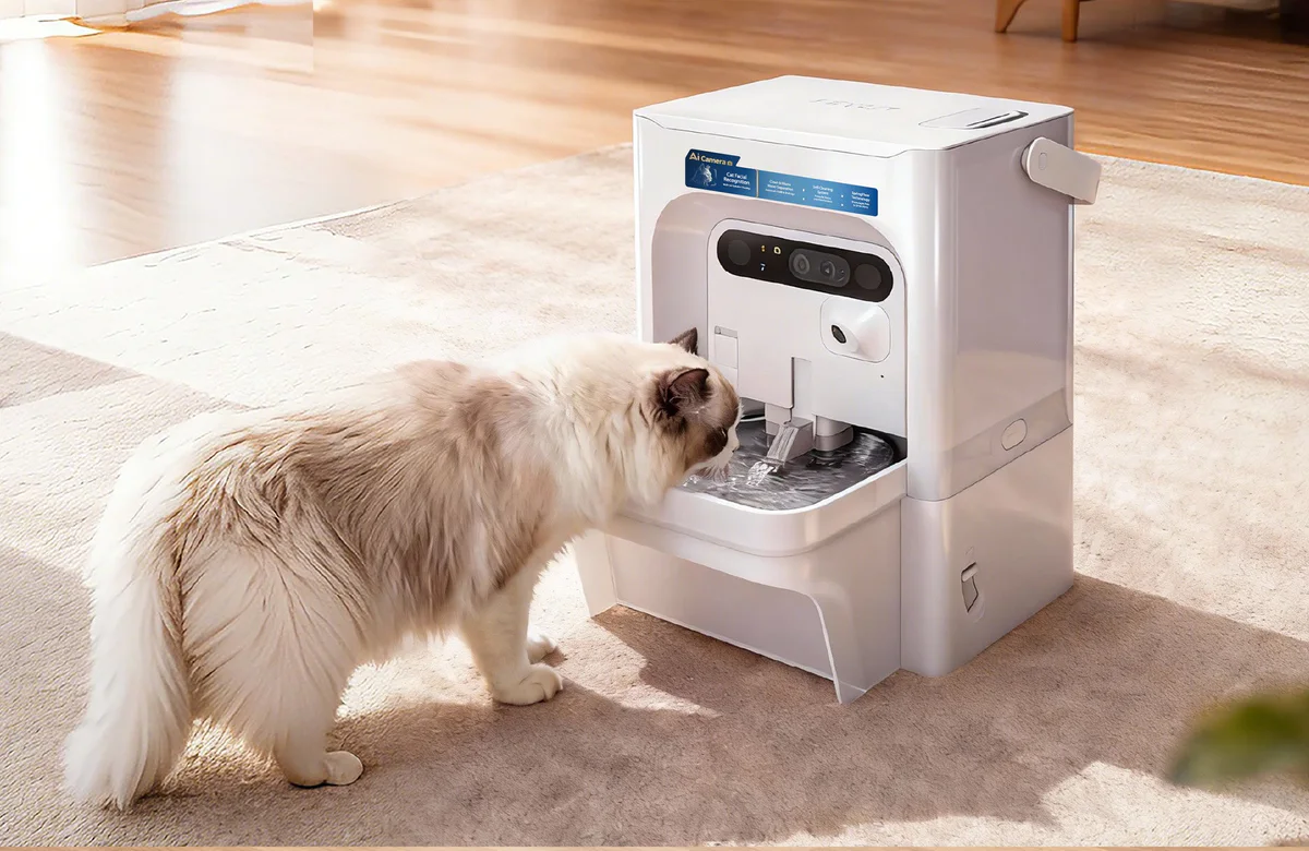 EVERSWEET ULTRA Pet Water Fountain placed in a home setting, showing pets drinking fresh water with AI-powered monitoring.