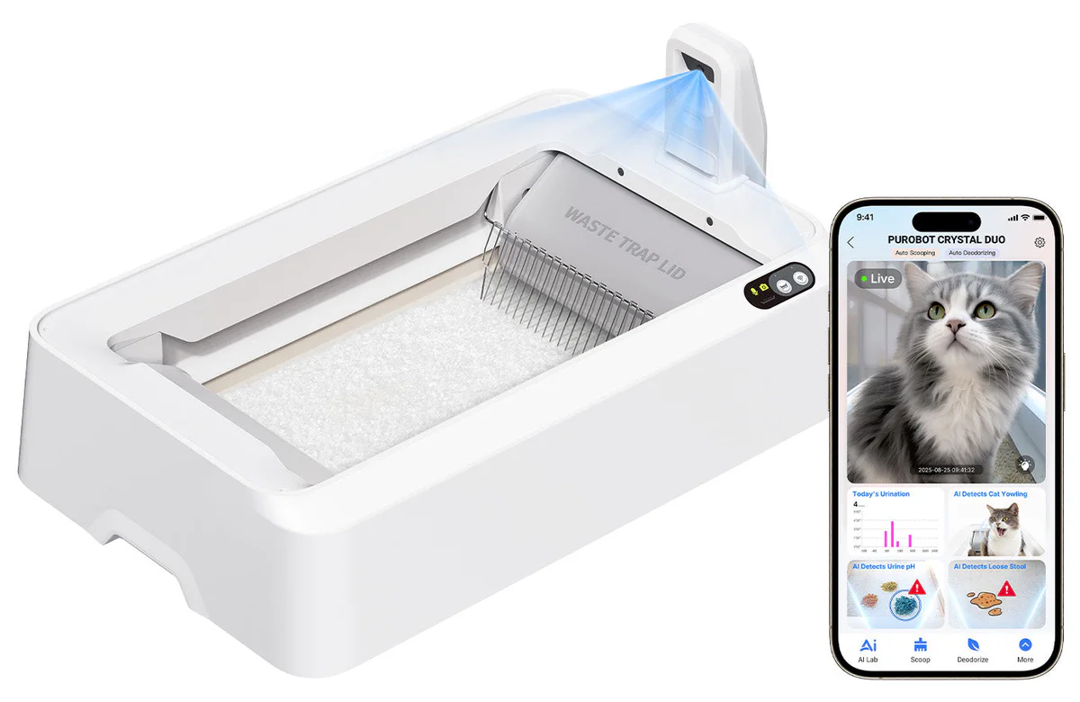 Purobot Crystal Duo Automatic Cat Litter Box with smartphone app control, showing real-time operation and easy remote management