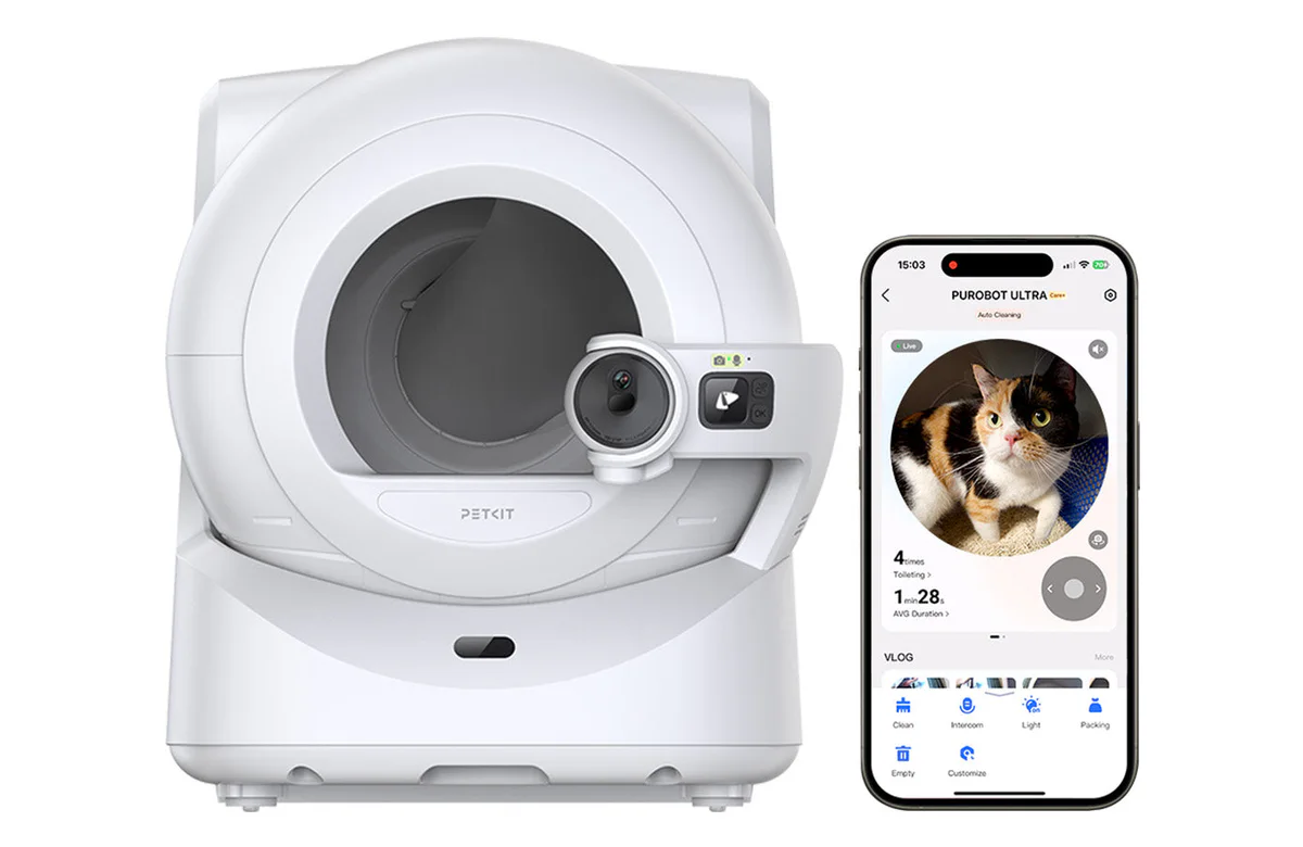 Purobot Ultra Automatic Cat Litter Box with smartphone displaying app control interface