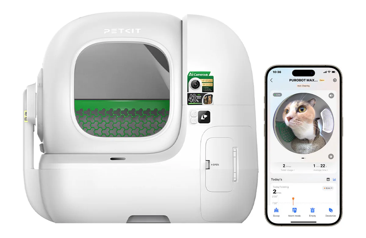 Purobot Max Pro 2 Automatic Cat Litter Box with smartphone app control showing real-time monitoring