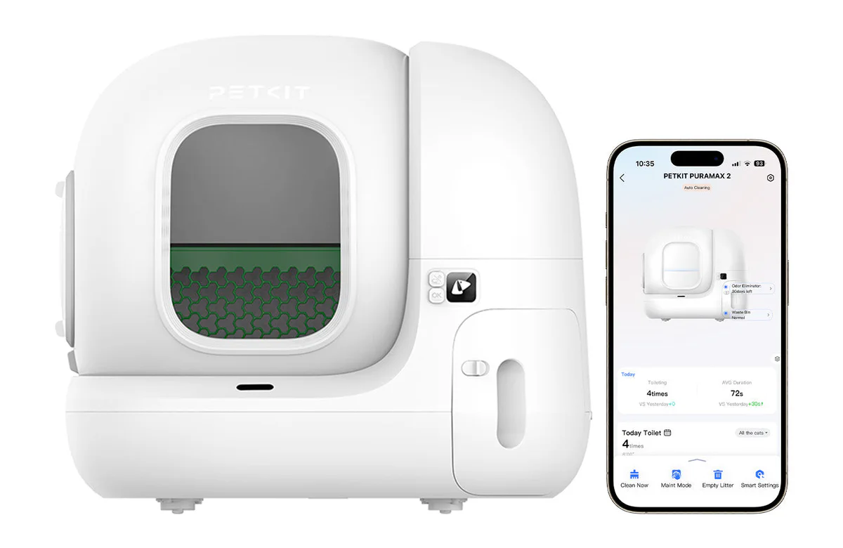 PuraMax 2 Automatic Cat Litter Box with smartphone showing remote control features