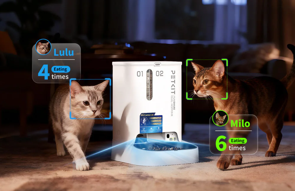 YUMSHARE DUAL-HOPPER 2 AI-powered facial recognition tracking multiple cats individually
