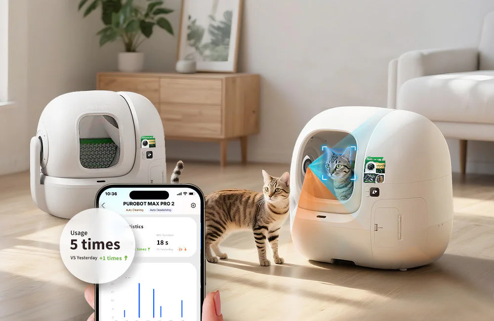 PUROBOT MAX PRO 2 showing cat facial recognition and unified health management across multiple devices via PETKIT app