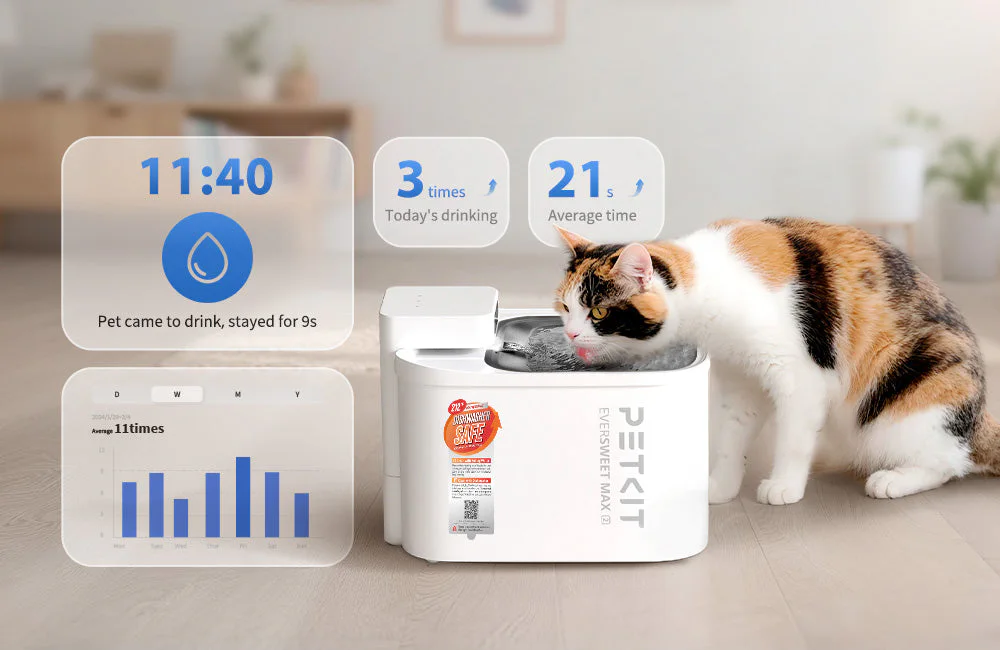 PETKIT app showing EVERSWEET MAX 2 drinking data, including daily, weekly, and monthly hydration tracking