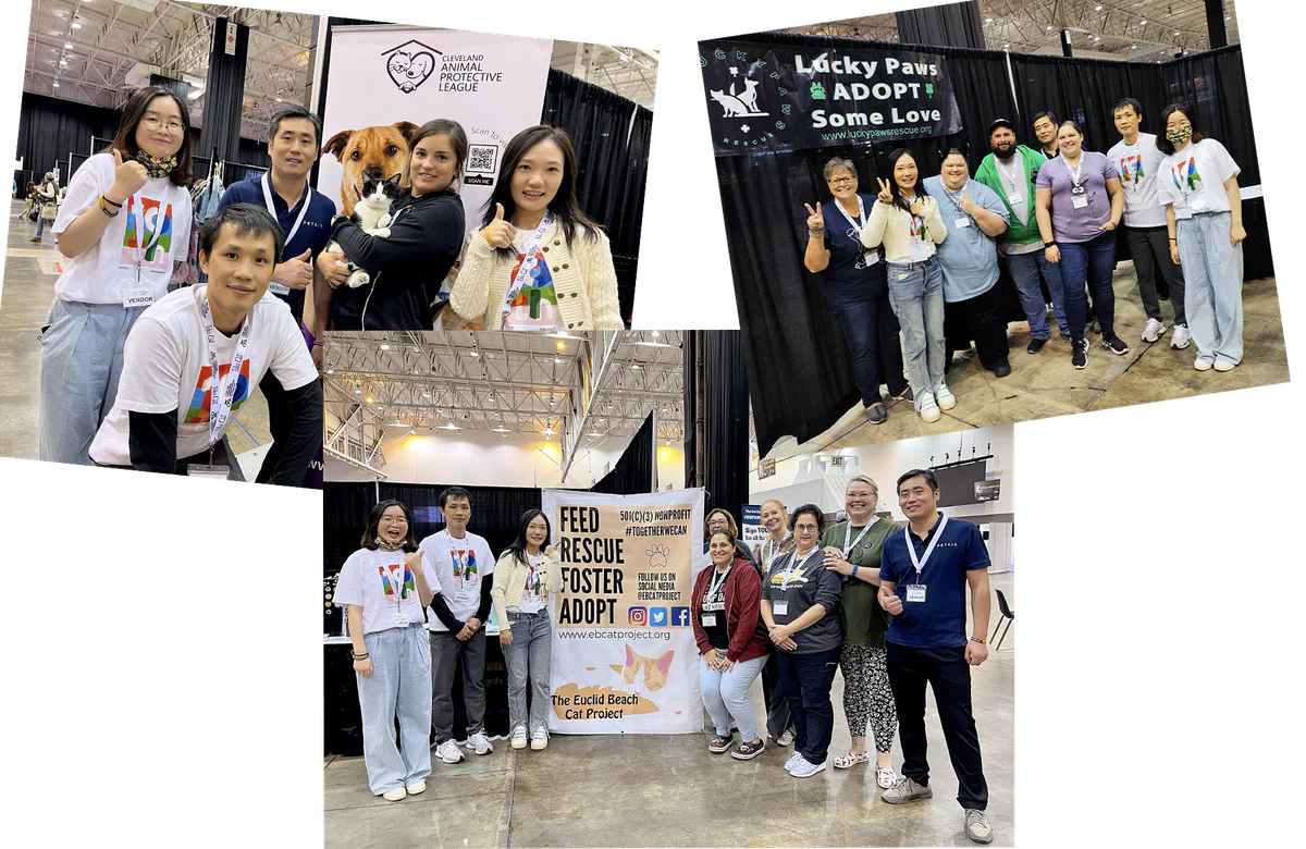 A photo of the rescue and shelter organizations collaborating between PETKIT and CFA 2023 on-site, from left to right, respectively: Cleveland Animal Protective League,The Euclid Beach Cat Project, LUCKY PAWS.